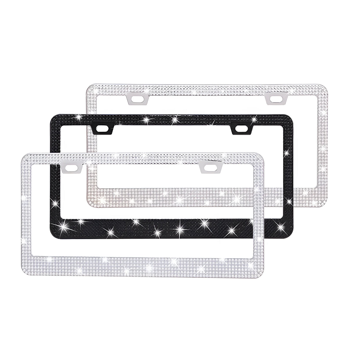 Stainless steel license plate frame with square holes for applying coloured acrylic diamond crystals.