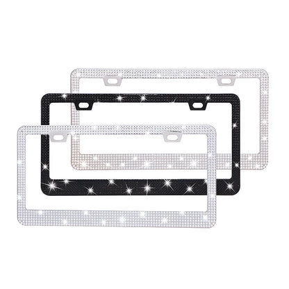Stainless steel license plate frame with square holes for applying coloured acrylic diamond crystals.