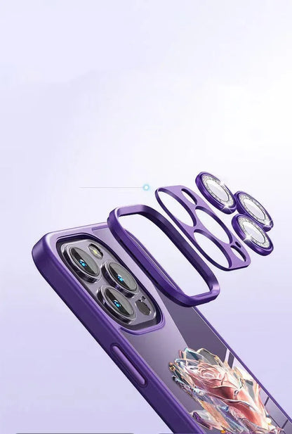 Dark Purple Fairy Pink Rose TPU iPhone case with matching sparkling pink camera lens film.