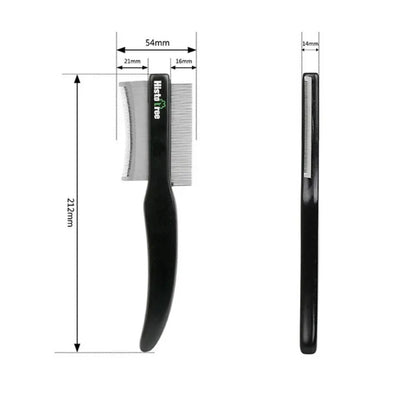 Black double-sided pet hair comb with wooden handle and metal teeth for cat and dog grooming