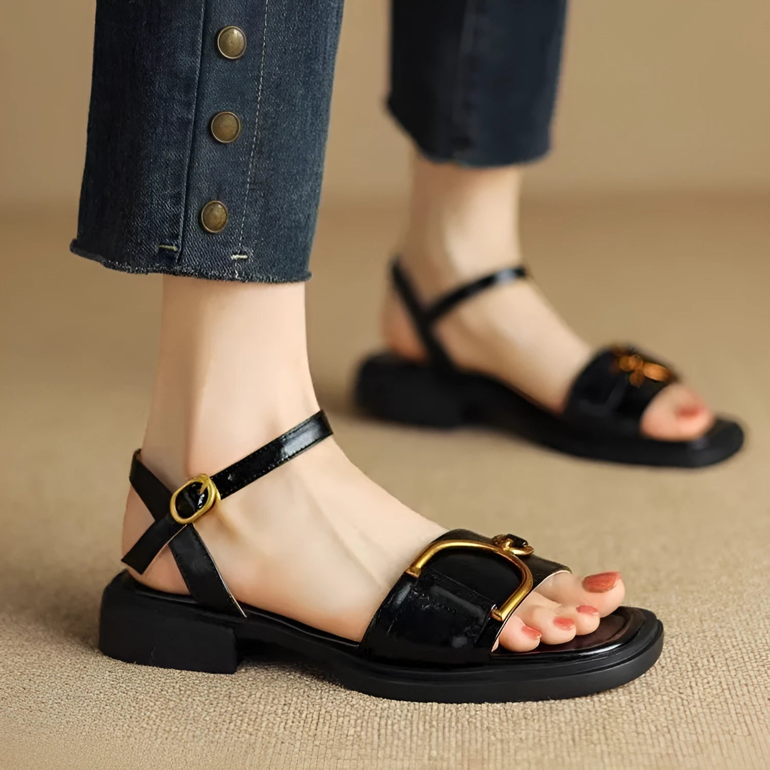 Women's black thick-soled casual sandals with round toe and a single button fastening across the instep.