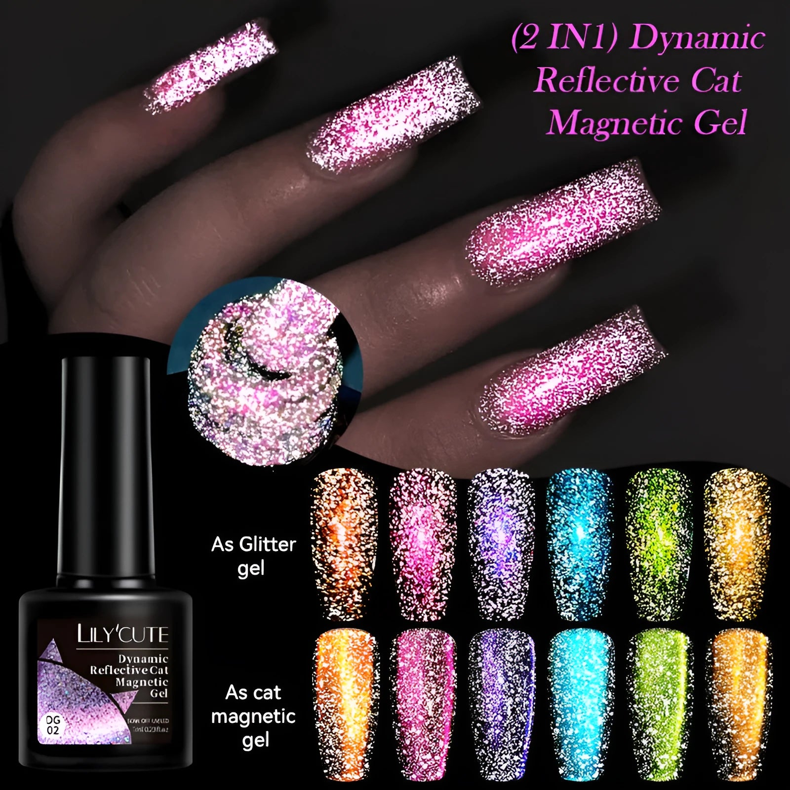 Diamond debris glitter cat eye nail polish gel in six fluorescent colours with nail glue