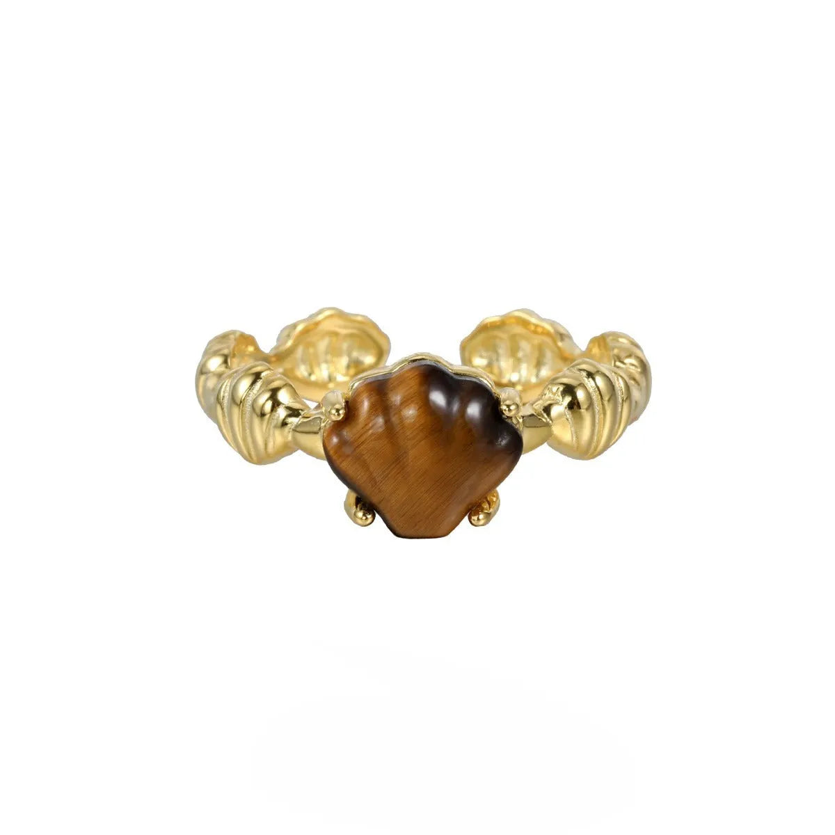 Adjustable silver ring with tiger eye stone centrepiece and shell design in electroplated finish