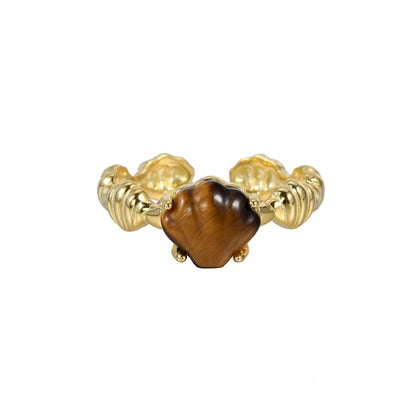 Adjustable silver ring with tiger eye stone centrepiece and shell design in electroplated finish