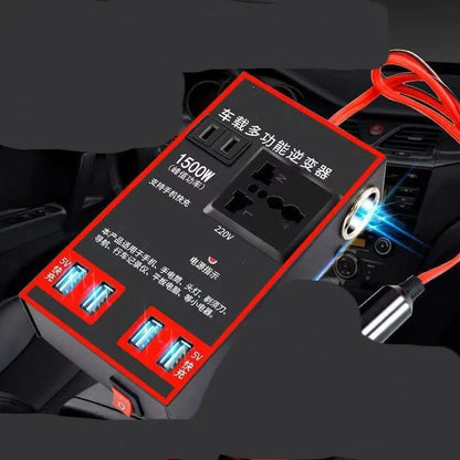 Black automotive power converter with 220v socket and 4 USB charging ports
