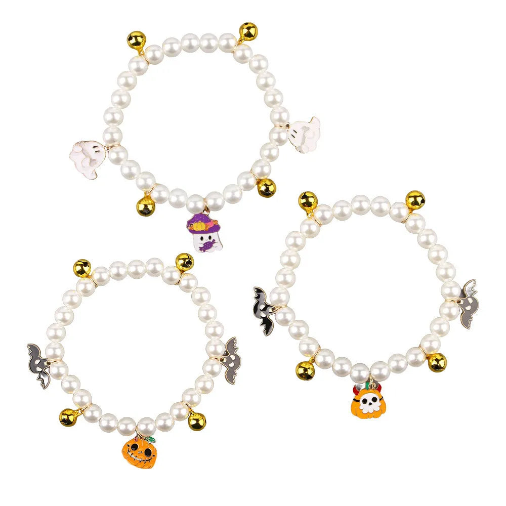Three pearl necklaces with bells for pet Halloween costumes and decoration