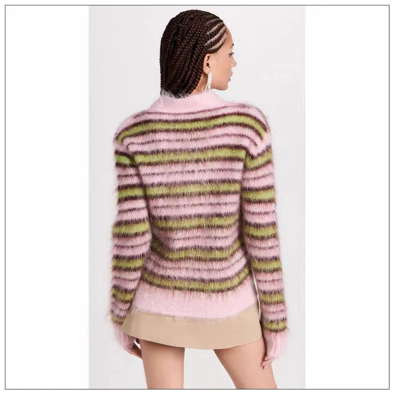 Women's wool knitted cardigan sweater in pink with round neck pullover and socialite style contrast colour elements, crafted from wool fabric with regular sleeves, available in Asian S M L sizes for private clothing