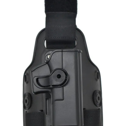 Green tactical leg holster with plastic quick-pull waist plate for attaching a hydration pack.
