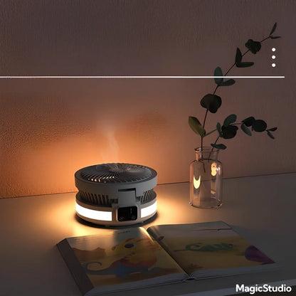 Black 7-inch portable folding desk fan with hook, LED, and temperature display on white background