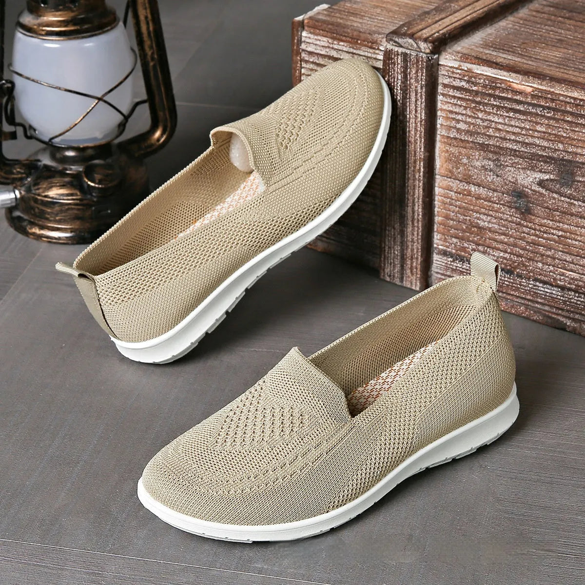 Plus size women's beige casual cloth shoes with low top, flat heel, and heart pattern.