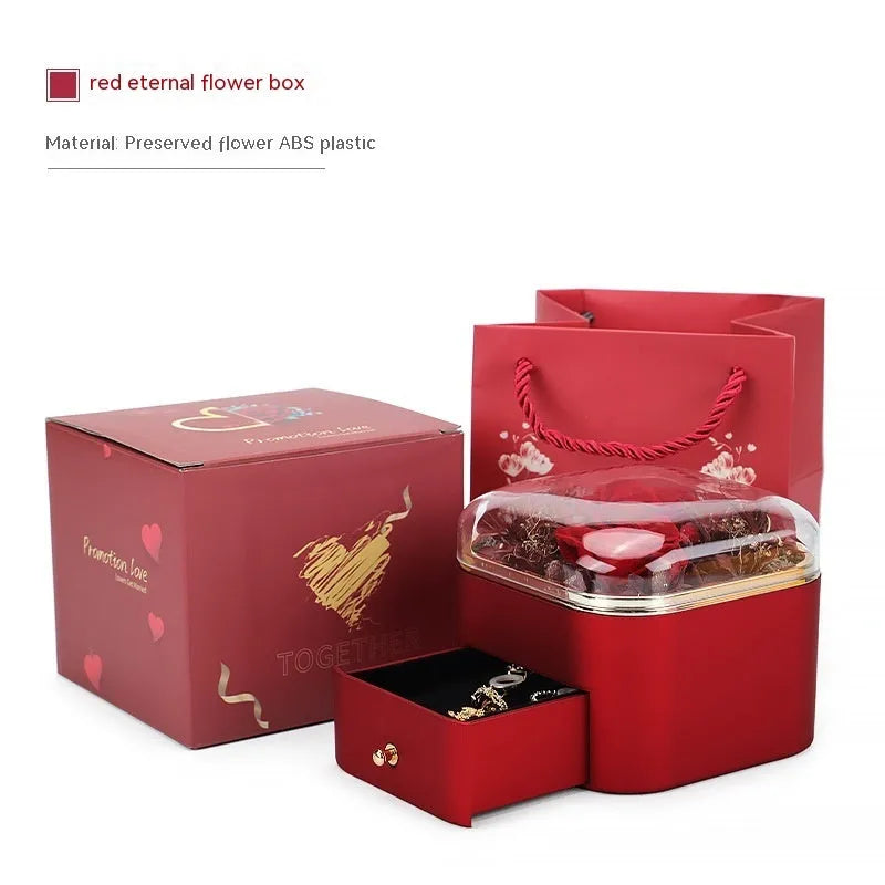 Valentine's Day rose flower drawer jewellery box with preserved eternal flowers and love crystal necklace gift set