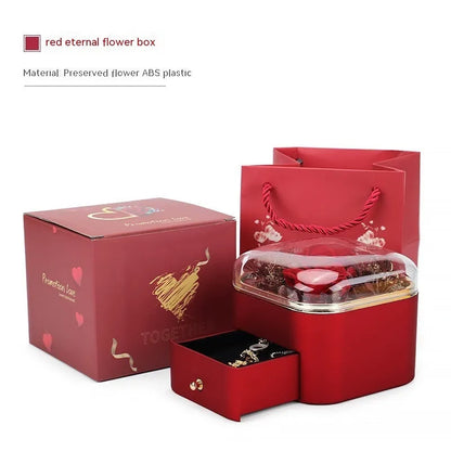 Valentine's Day rose flower drawer jewellery box with preserved eternal flowers and love crystal necklace gift set