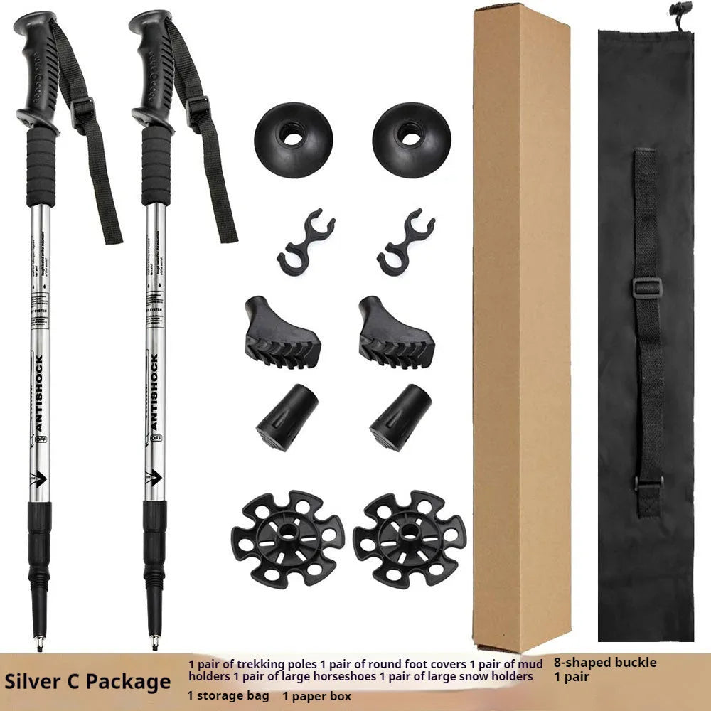 Aluminium alloy telescopic trekking pole extended with three straight handles and accessory attachments