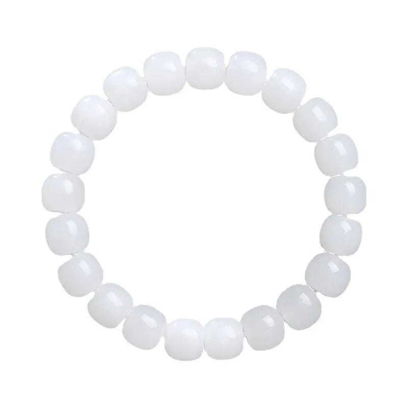 White jade barrel beads bracelet with Hetian jade beads in 5x6mm, 7x8mm, or 8x10mm sizes on a wrist