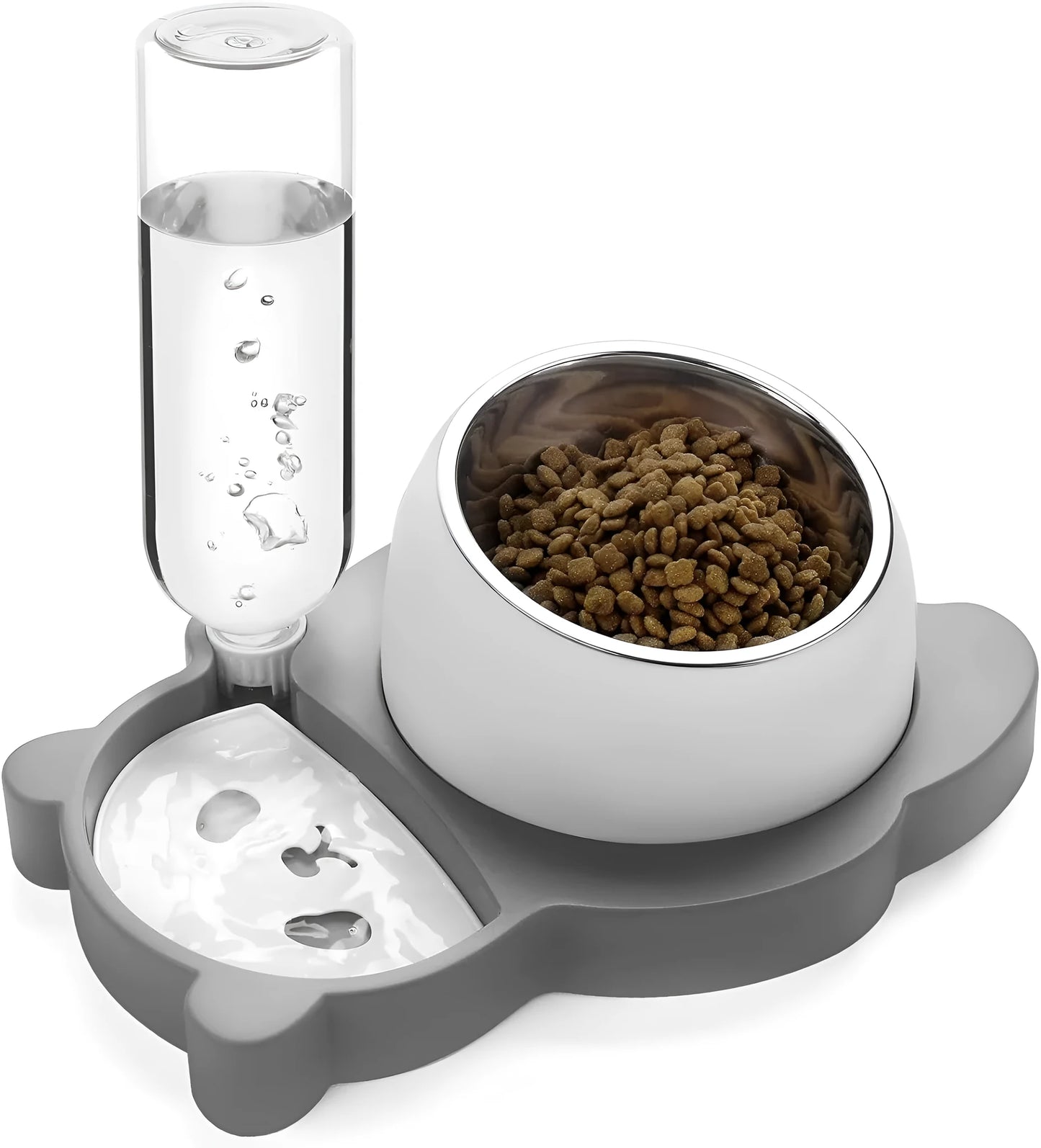 Grey panda-shaped tilted pet feeder with food bowl, water bowl, and a 17oz water bottle attached.
