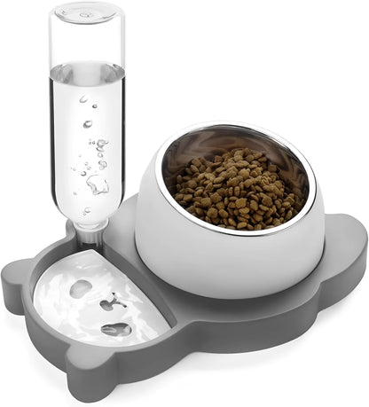 Grey panda-shaped tilted pet feeder with food bowl, water bowl, and a 17oz water bottle attached.