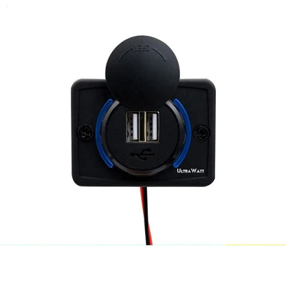 Black dual-voltage USB car charger with screw mounts for 12V and 24V vehicle systems