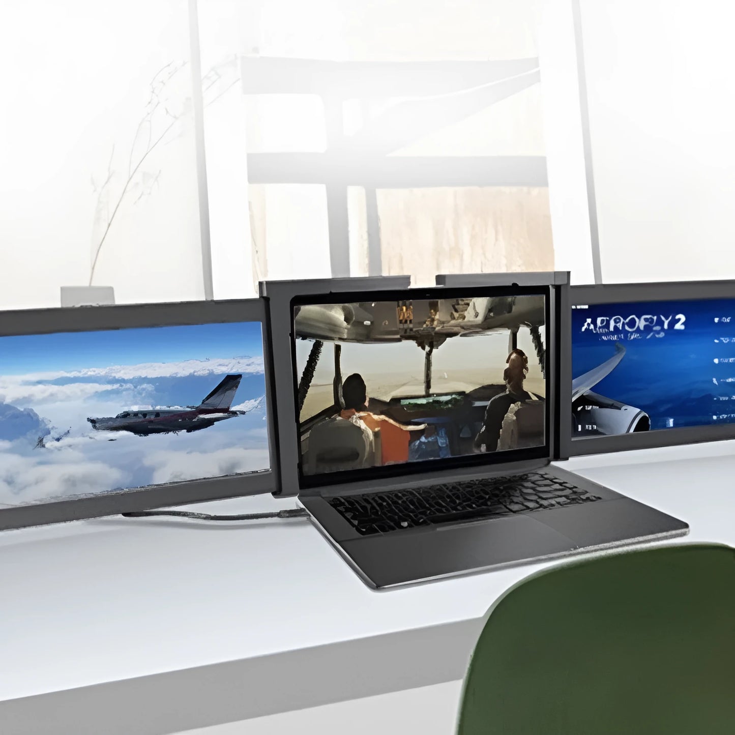 Black portable dual screen monitor with two 12.2 inch displays showing connected laptop and smartphone