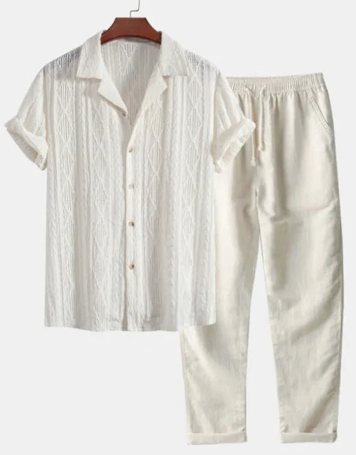 Men's camouflage print linen short-sleeved shirt and trousers set with cardigan lapel in slim-fit style