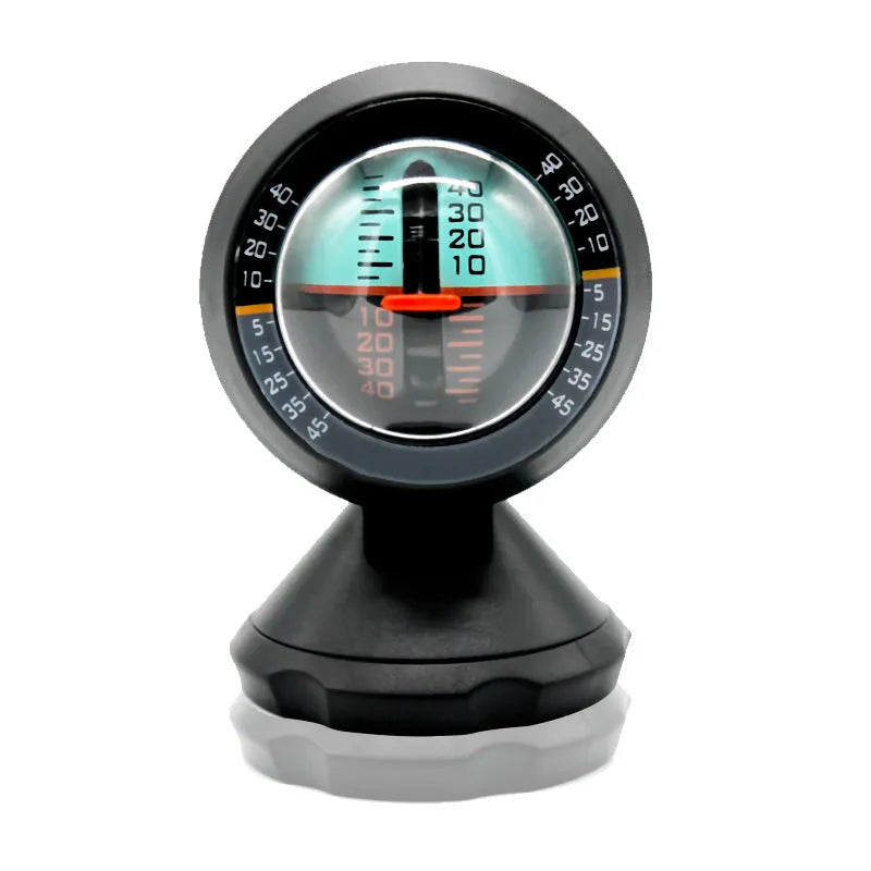 Black vehicle mounted slope meter with adjustable viewing angle for measuring automotive pitch and roll
