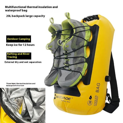 Yellow and black 20-litre PVC waterproof camping backpack with dry wet separation compartments.