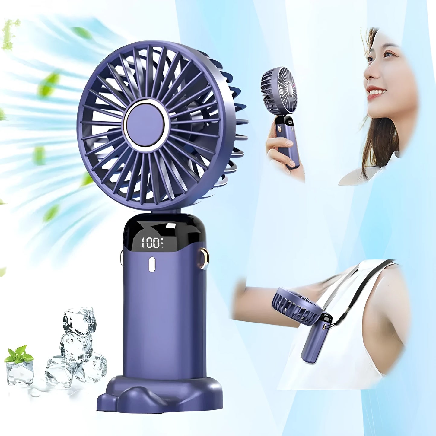 Blue foldable mini handheld electric fan showing its LED display and hanging lanyard.