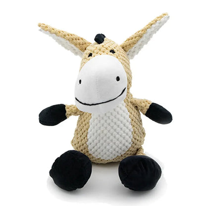 Plush dog squeaky chew toy in animal shape options: donkey, elephant, orangutan, or rabbit.