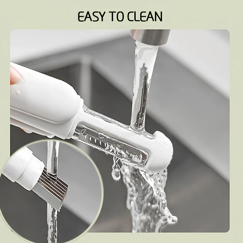 White 3-in-1 rotary paring knife with rotating blades and integrated sharpener for kitchen use