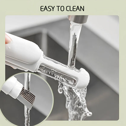 White 3-in-1 rotary paring knife with rotating blades and integrated sharpener for kitchen use