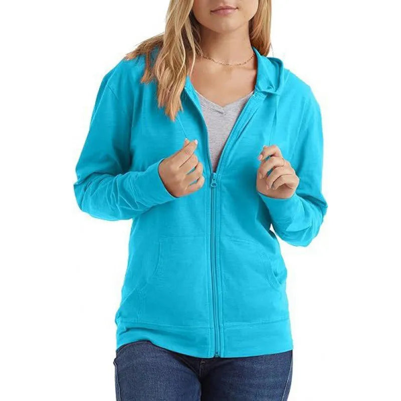 A loose fit solid colour hooded sweatshirt on a hanger, shown in one of six colour options.