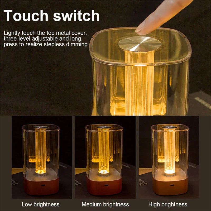 Elegant touch-controlled bedside lamp with soft, warm lighting, unique lamp post design, and wireless USB charging