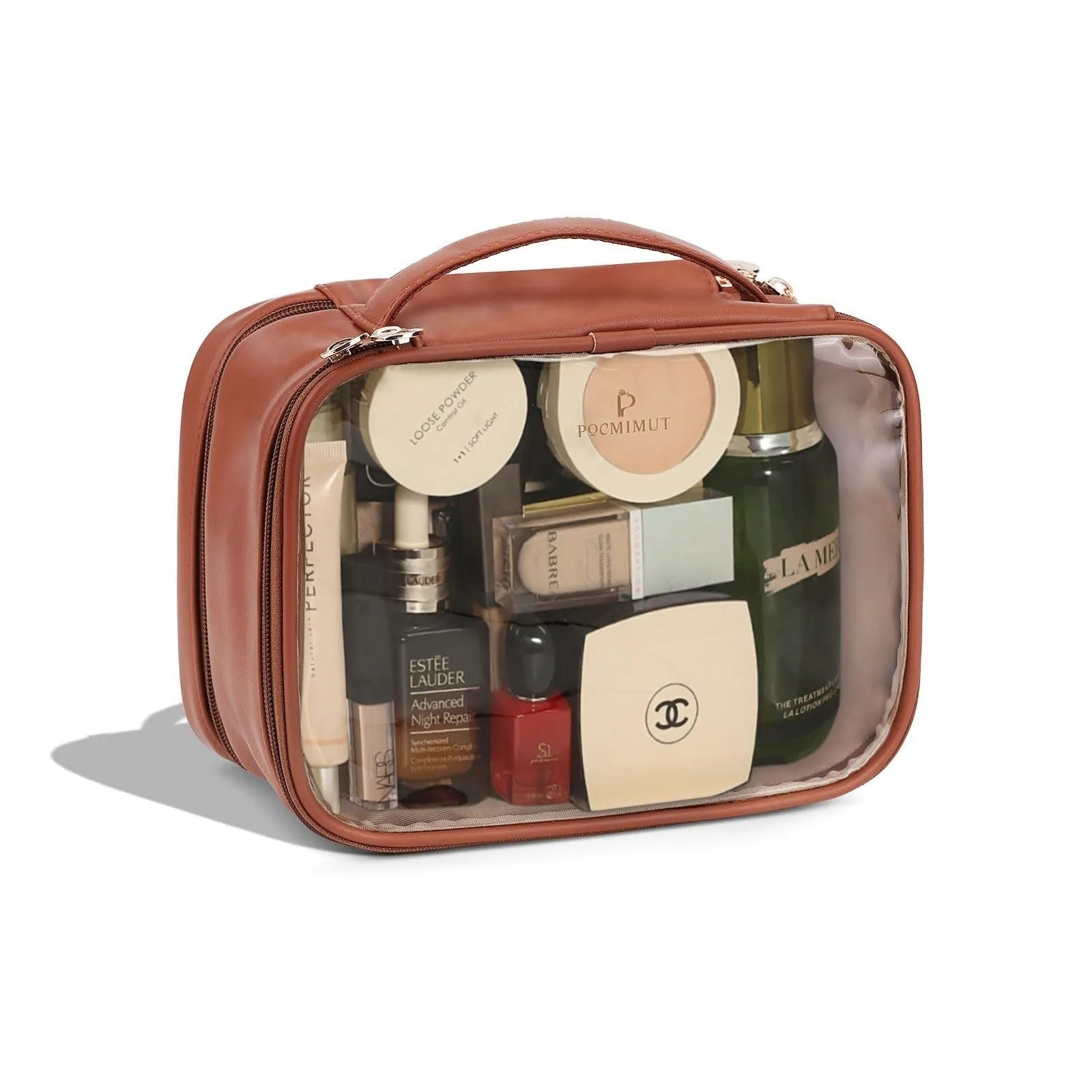 Transparent PVC leather cosmetic bag showing interior organisation with dry wet separation