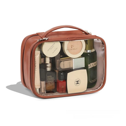 Transparent PVC leather cosmetic bag showing interior organisation with dry wet separation