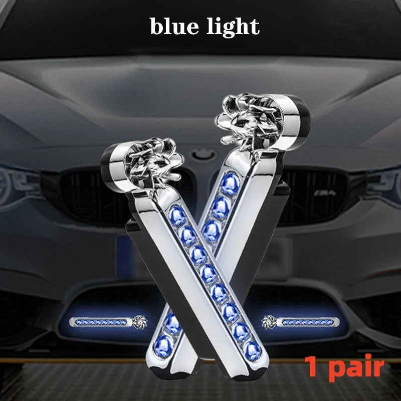 Wind-powered LED daytime running lights for cars and motorcycles in blue, white, and multicolour options