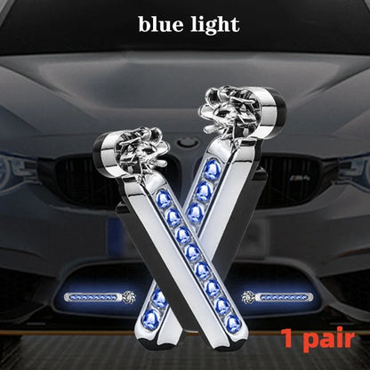 Wind-powered LED daytime running lights for cars and motorcycles in blue, white, and multicolour options