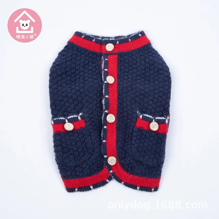 Blue wool knitted dog cardigan sweater with classic princess style design shown on mannequin