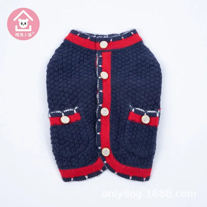 Blue wool knitted dog cardigan sweater with classic princess style design shown on mannequin