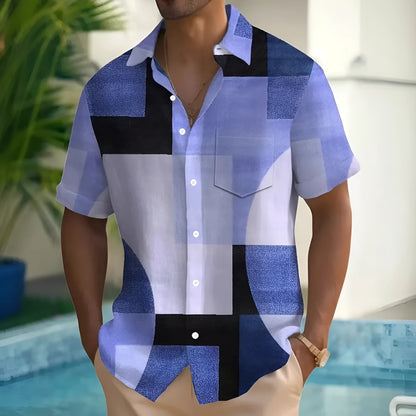 Men's retro geometric printed short sleeve cardigan shirt in loose fit style