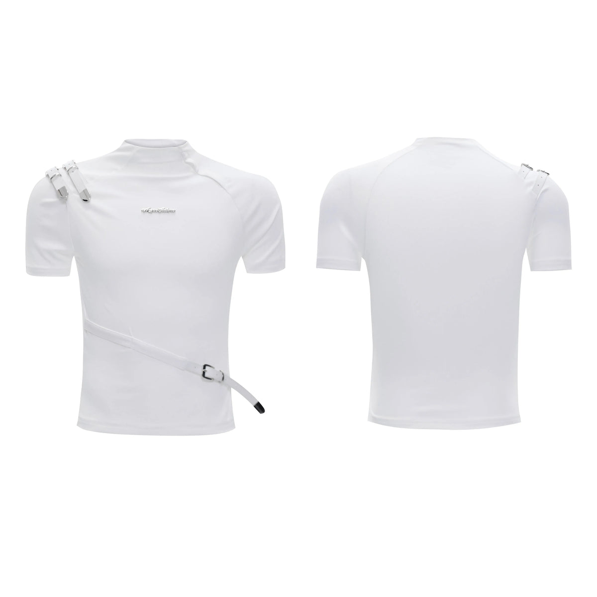 Men's black slim fit cotton t-shirt with metal belt design detail and contrast stitching.