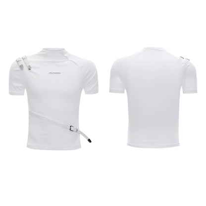 Men's black slim fit cotton t-shirt with metal belt design detail and contrast stitching.