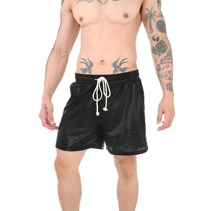 Men's silver polyester casual home pants laid flat, showing relaxed fit.
