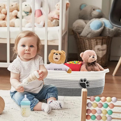 Handmade light beige cotton rope storage basket with handle, dimensions 34cm by 26cm by 15cm