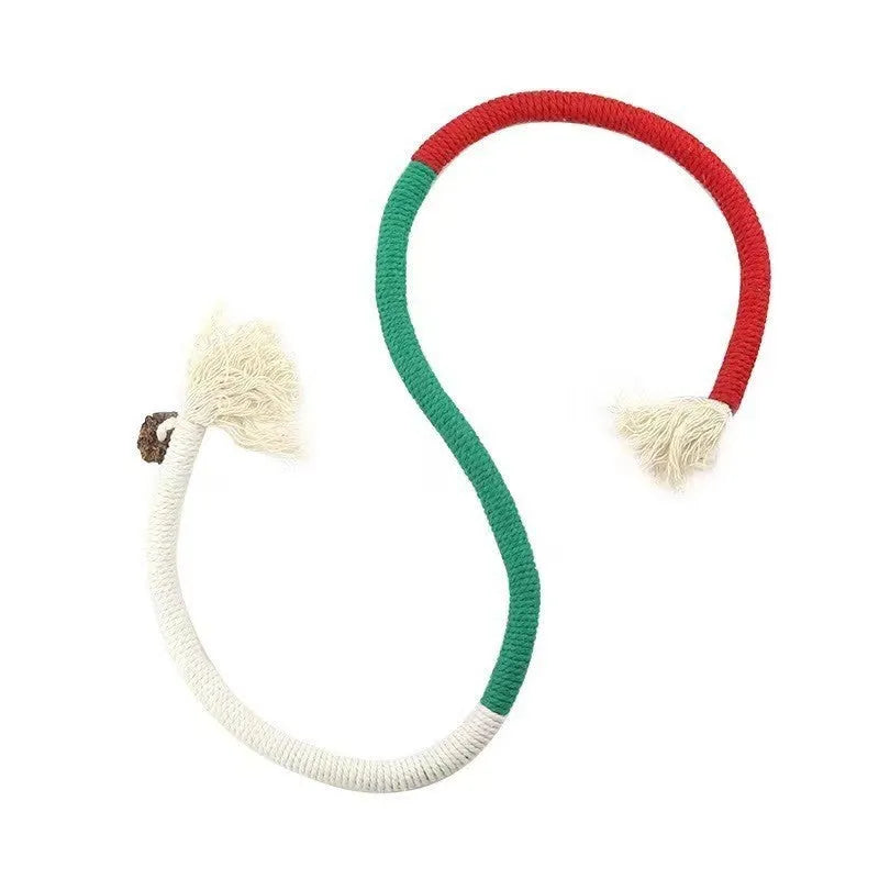 A 70cm long cotton string cat bite rope toy in three colour options: purple, orange, and red with green.