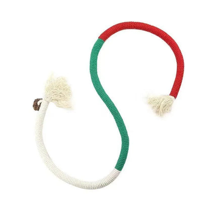 A 70cm long cotton string cat bite rope toy in three colour options: purple, orange, and red with green.
