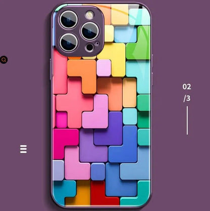 Silicone iPhone case with a colourful cartoon geometric block pattern on the back.