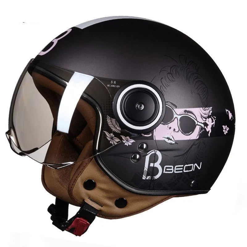 Retro style battery car half helmet in bright two-tone colours with ABS shell