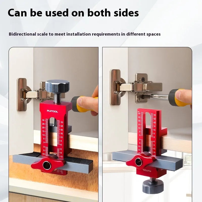 Aluminium alloy cabinet door installation jig for hinge and handle fitting.