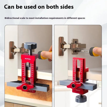 Aluminium alloy cabinet door installation jig for hinge and handle fitting.