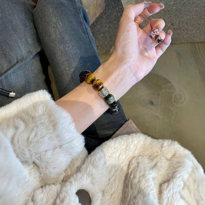 Women's Tigereye silver stone double bracelet with gold inlay and symbolic patterns