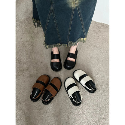 Retro Korean style closed toe sandals with ankle buckle in black, brown, and apricot colours
